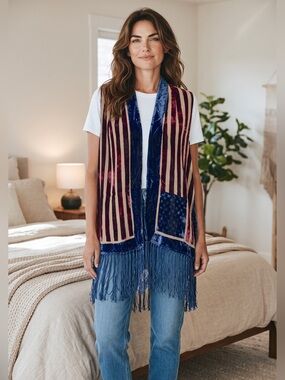 Maya Matazaro American Flag Velvet Silk Burnout Wrap Scarf With Hand Tied Fringe